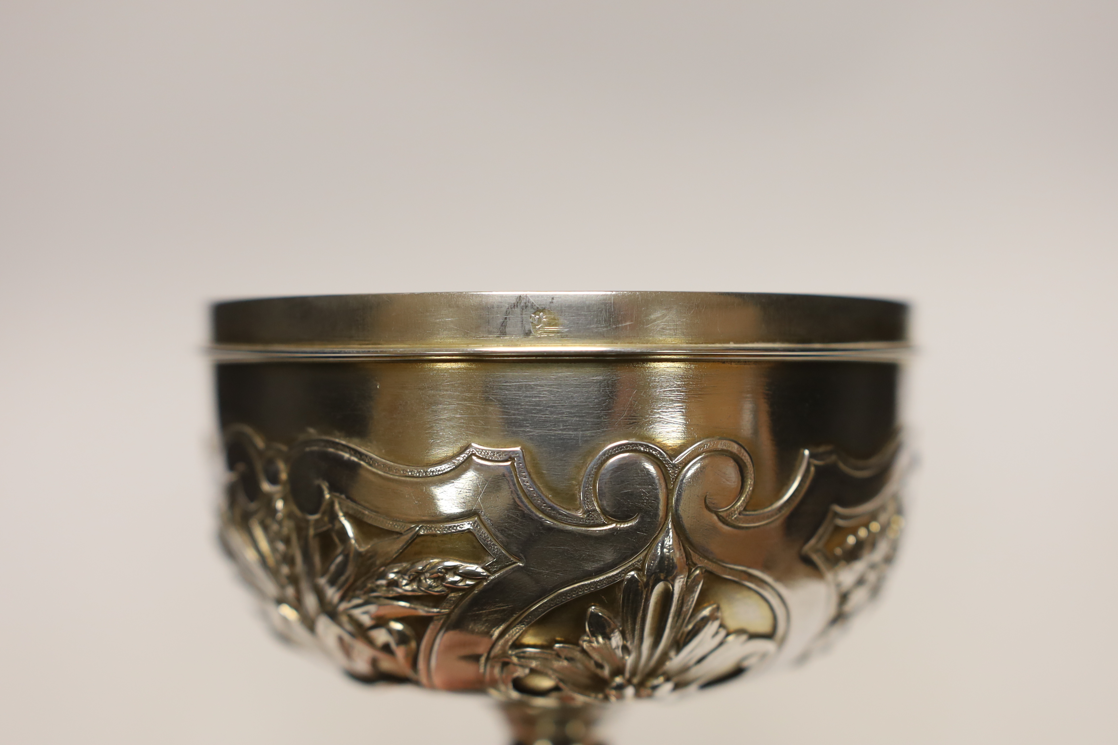 A late 19th/early 20th century French 950 standard white metal ciborium and cover, maker ?T, height 27cm, 13.1oz.